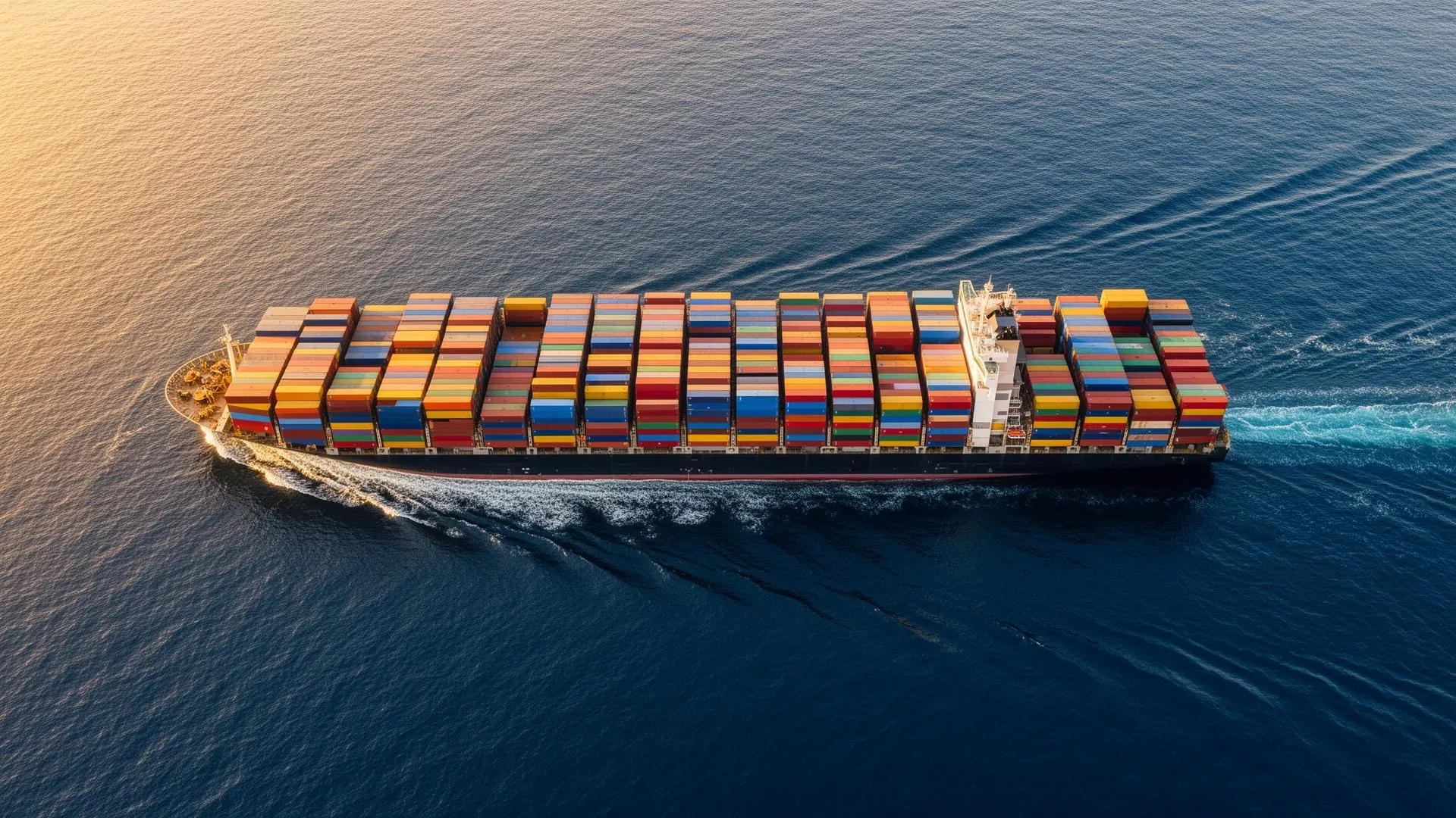 Aerial view of a large container ship loaded with colorful cargo containers at sea